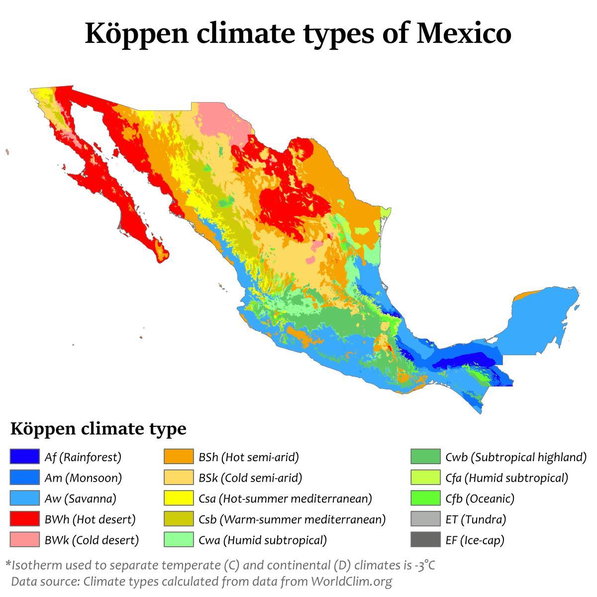 Carte des températures au Mexique